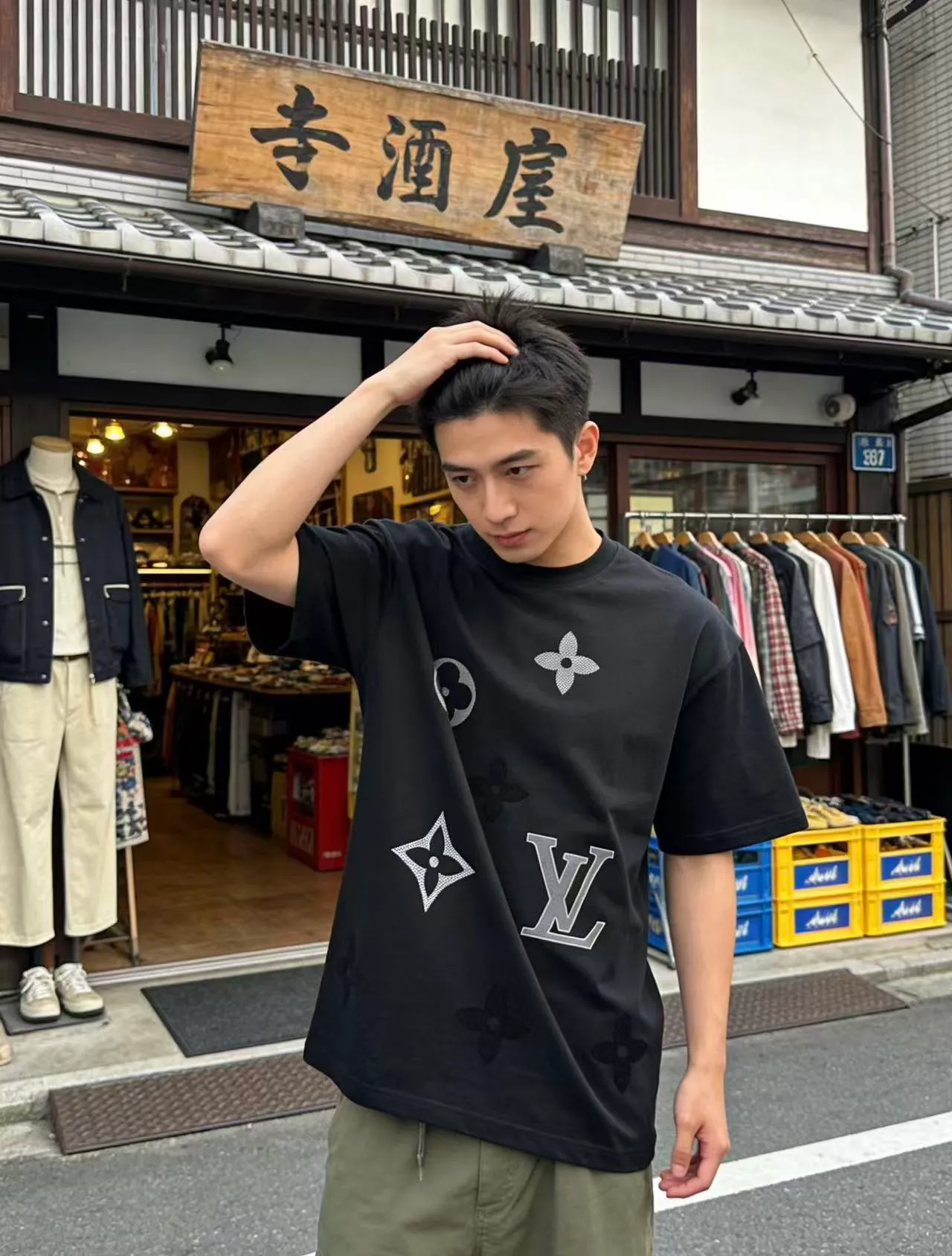 Louis Vuitton/Louis Vuitton flocked logo printed short sleeves